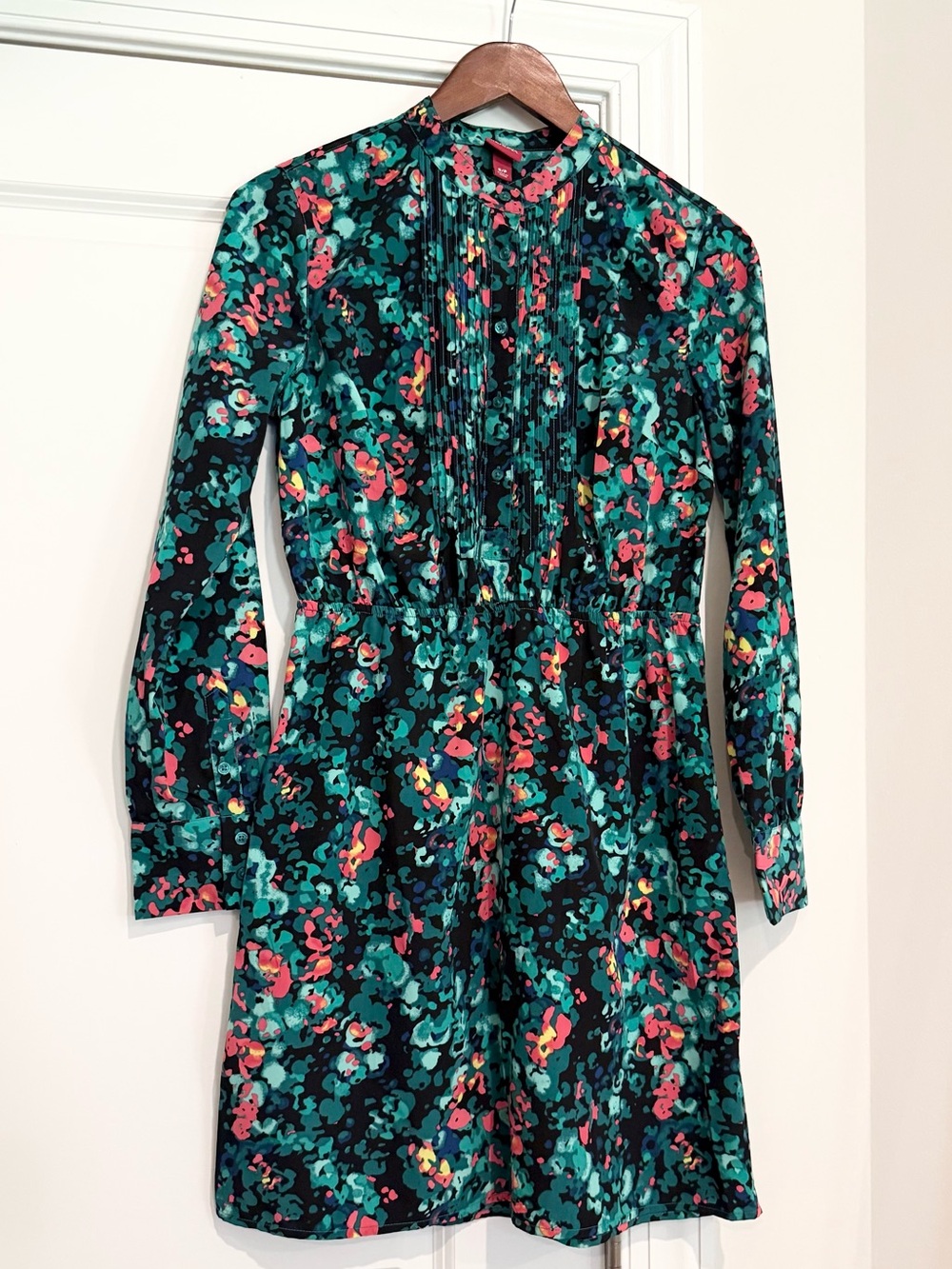 Merona Teal Floral Floral Long-Sleeve Shirt Dress